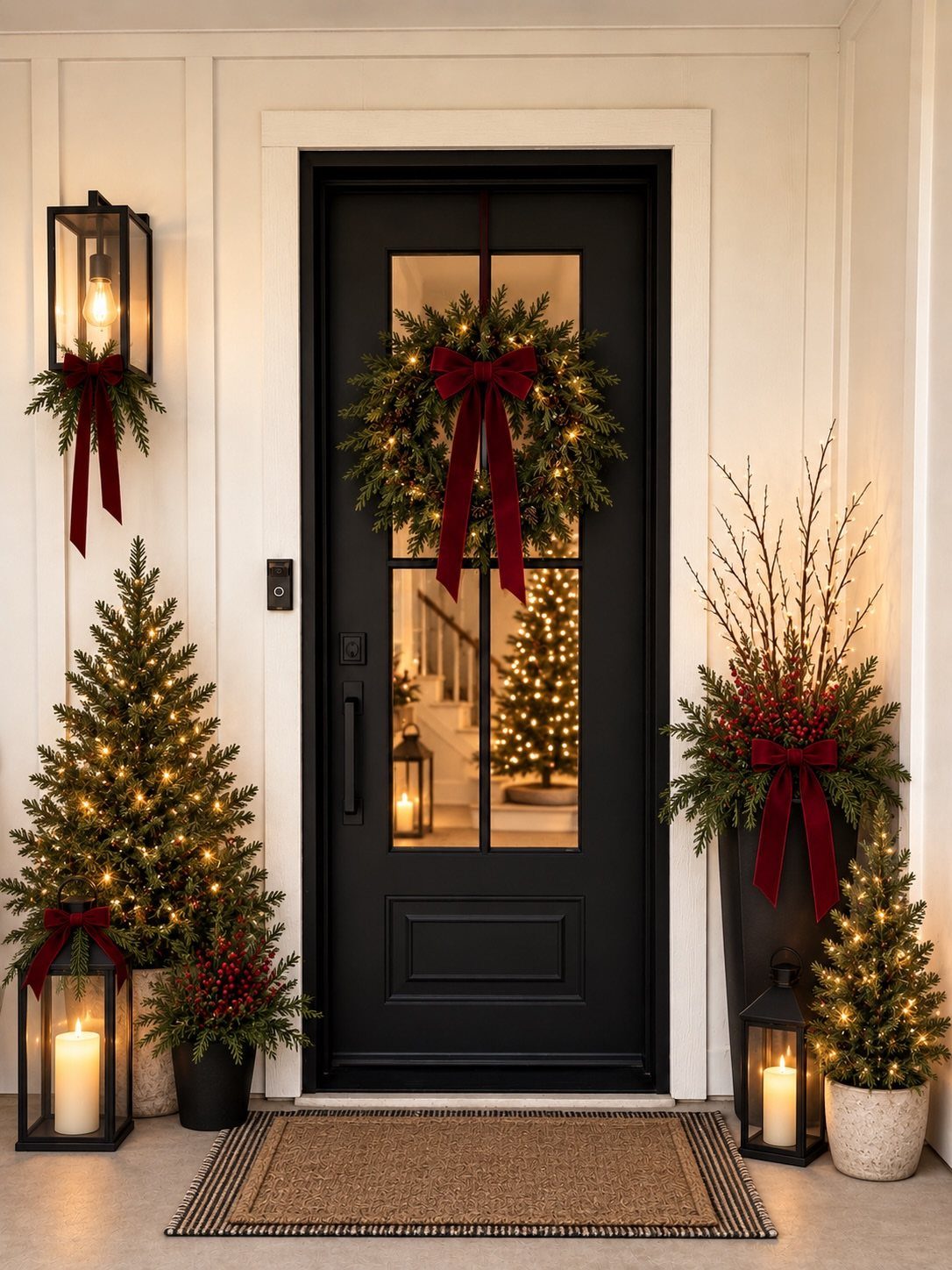 Black front door decorated with a green wreath, red bows, and lit lanterns.