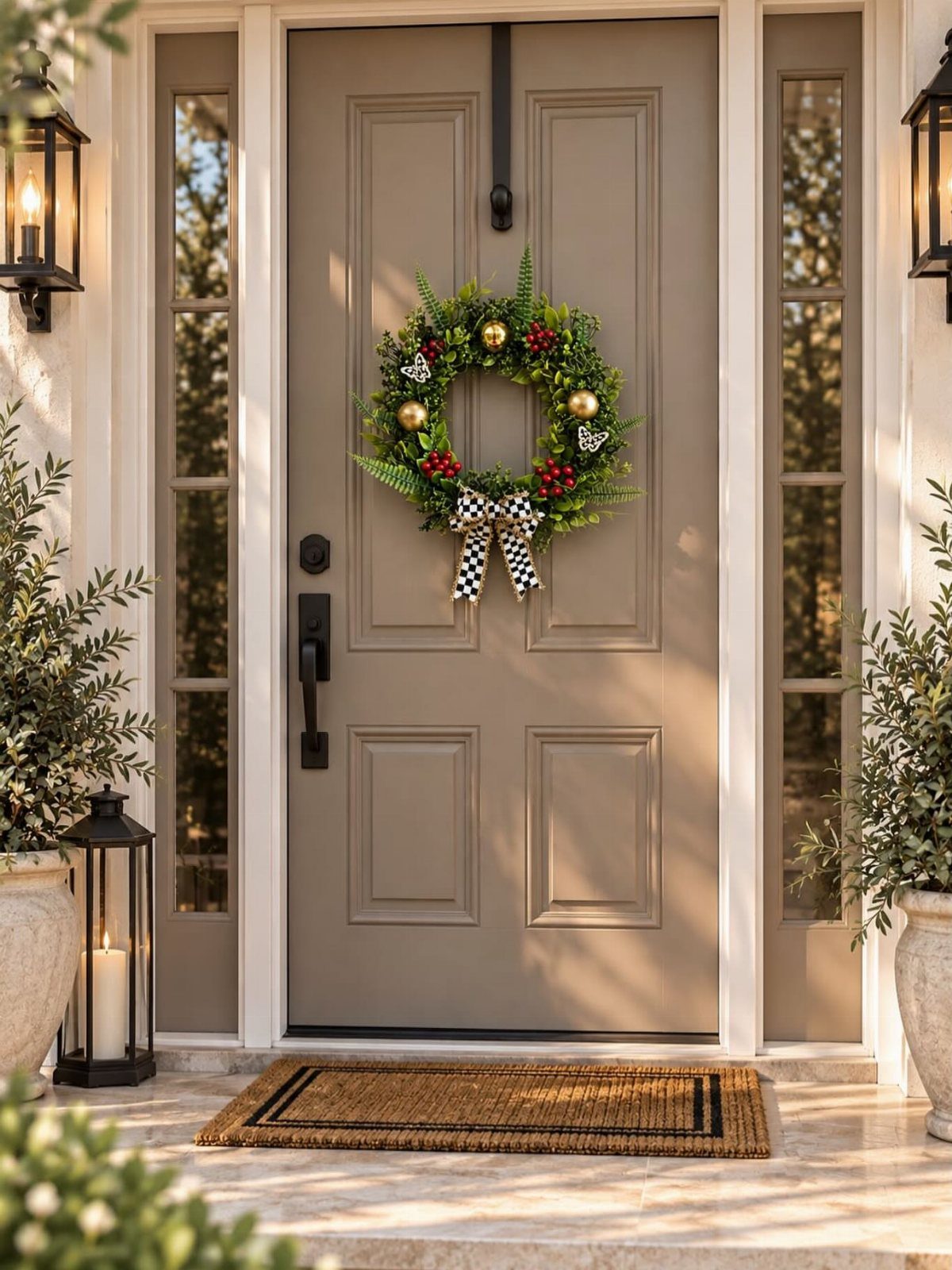 Green evergreen wreath with gold ornaments and checkered bow on a tan door