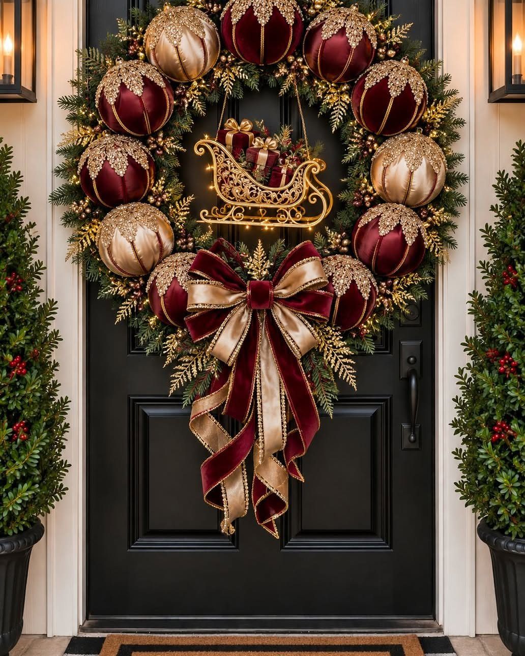 Large Christmas wreath with red and gold ornaments and a bow on black door