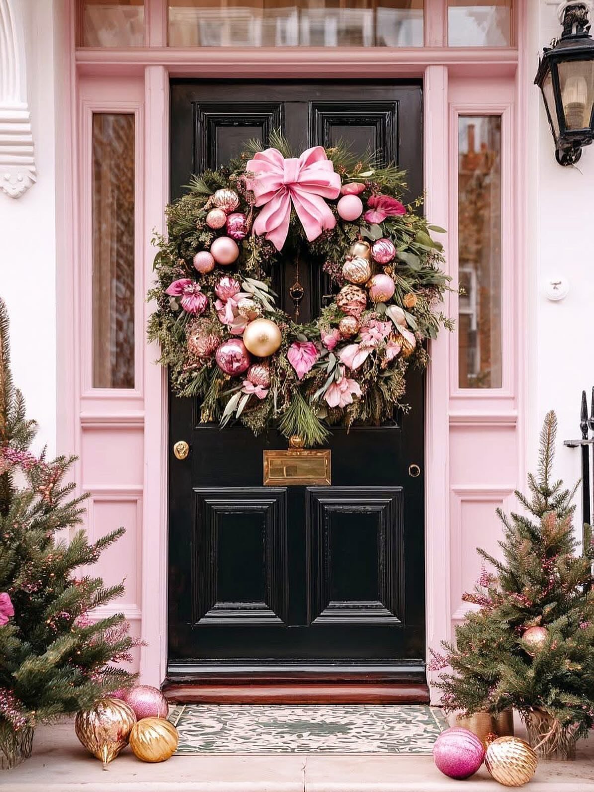 Black front door with a pink and gold Christmas wreath and small trees.