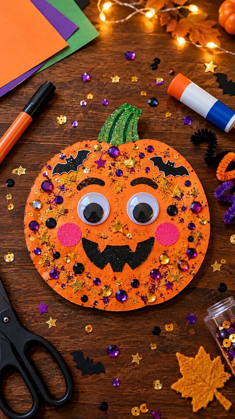 Handmade glittery pumpkin craft surrounded by scissors, glue, and colorful construction paper.