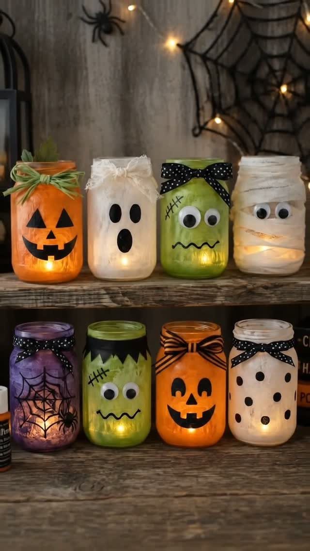 Halloween themed glass jars decorated as pumpkins and ghosts on wooden shelves