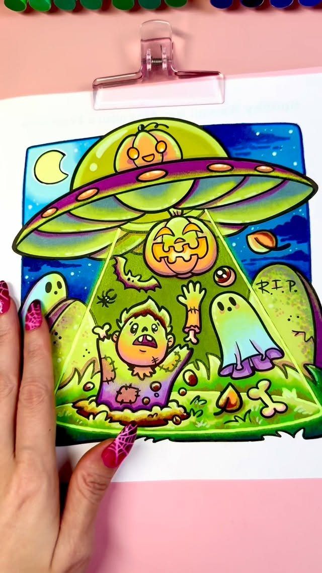 Colored Halloween drawing of a UFO beaming up monsters in a graveyard.