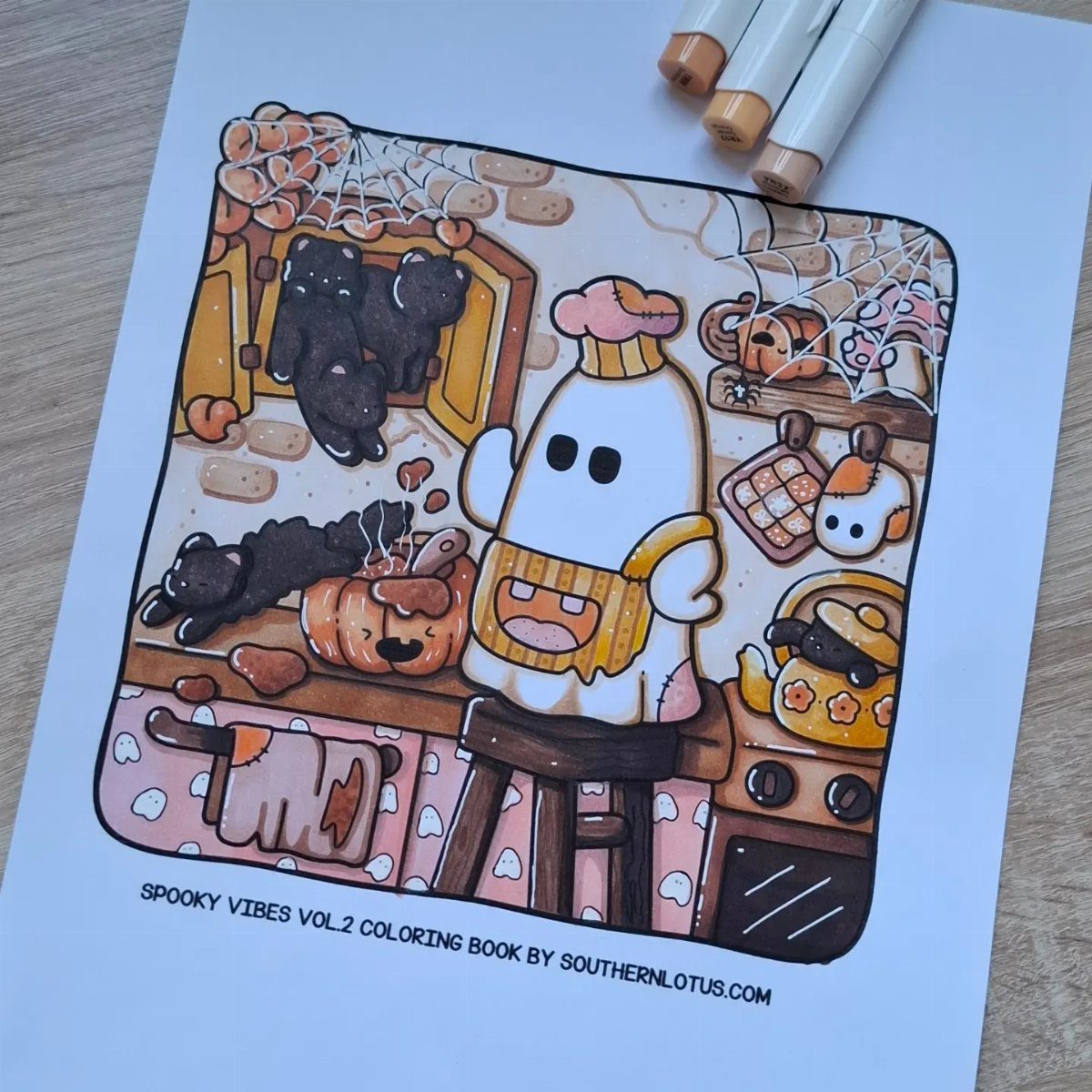 Colored coloring page of a cute ghost chef in a spooky kitchen with cats.