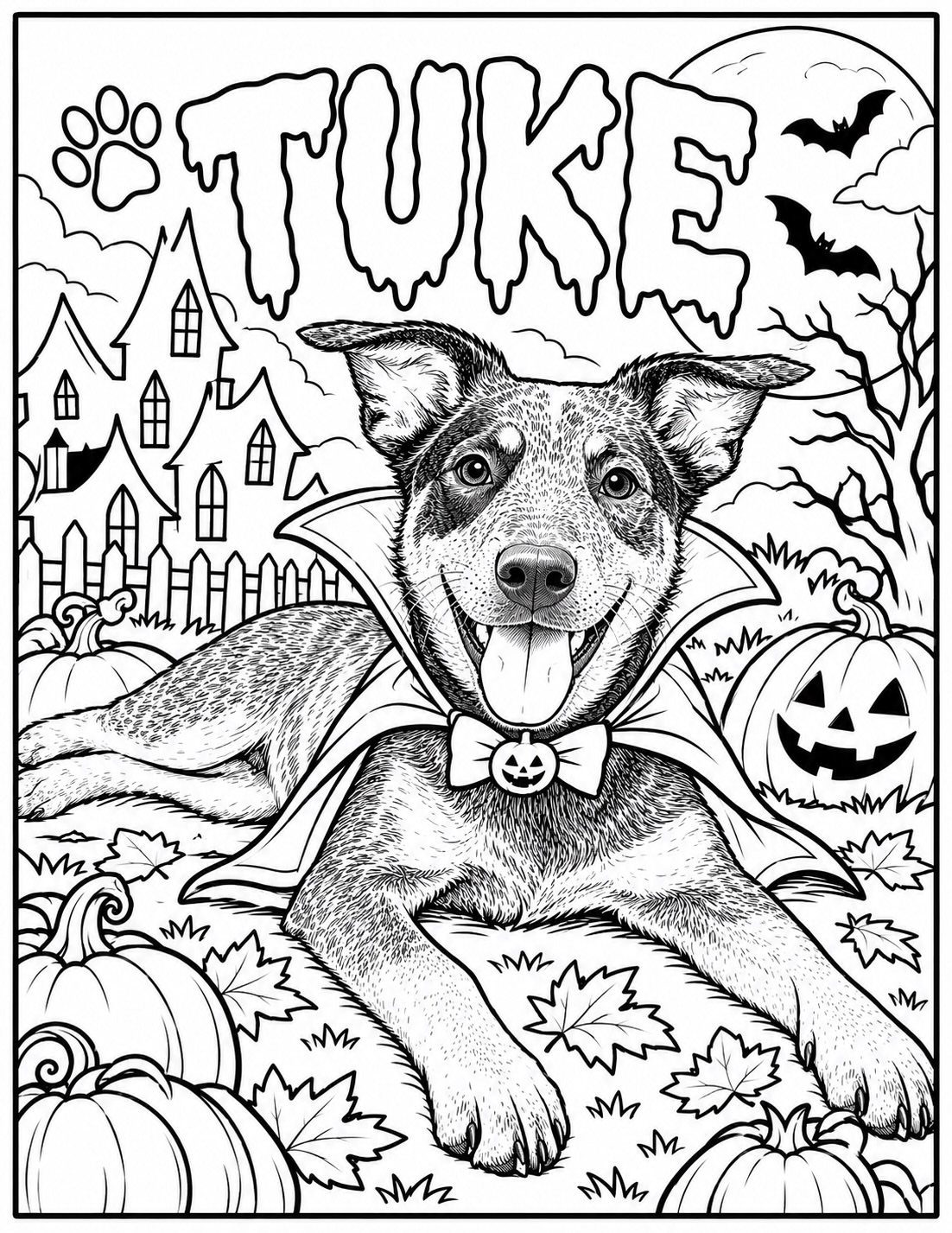 Dog wearing a vampire cape in a Halloween scene coloring page for printing.