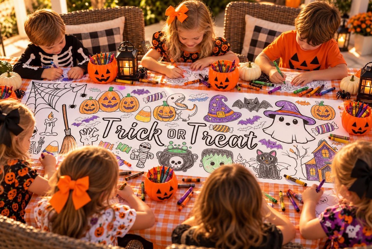 Children coloring a large Halloween-themed paper tablecloth at an outdoor party table.