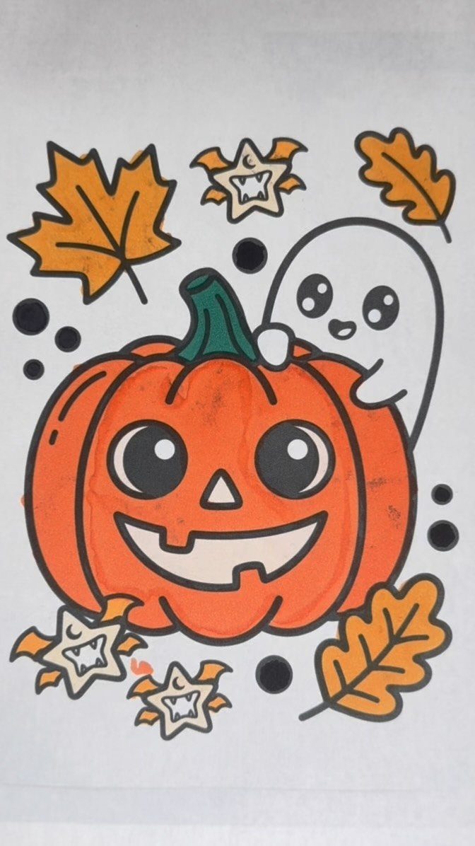 Colored drawing of a smiling orange pumpkin with a small white ghost and leaves.