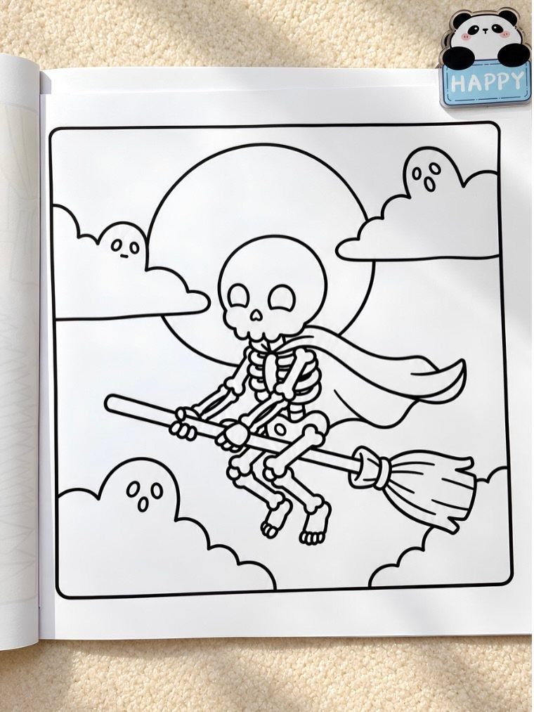 Skeleton riding a broomstick in a Halloween coloring page with ghosts and moon.