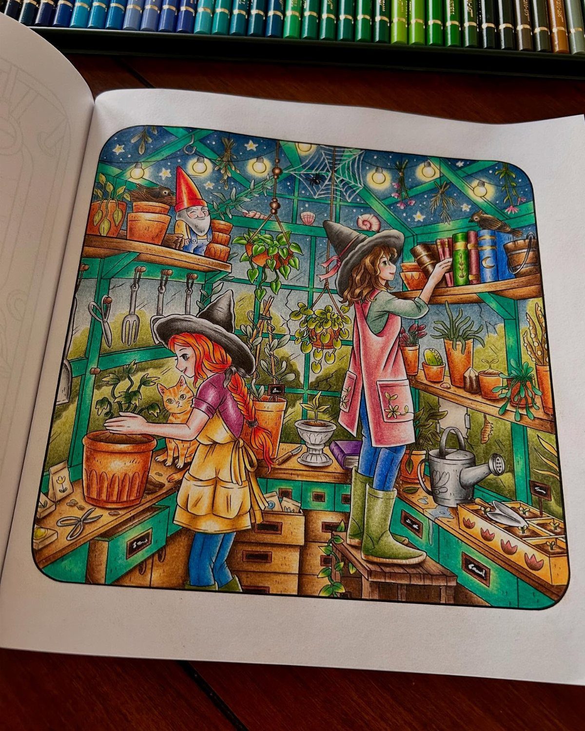 Two young witches in a magical greenhouse, a completed colored coloring book page.