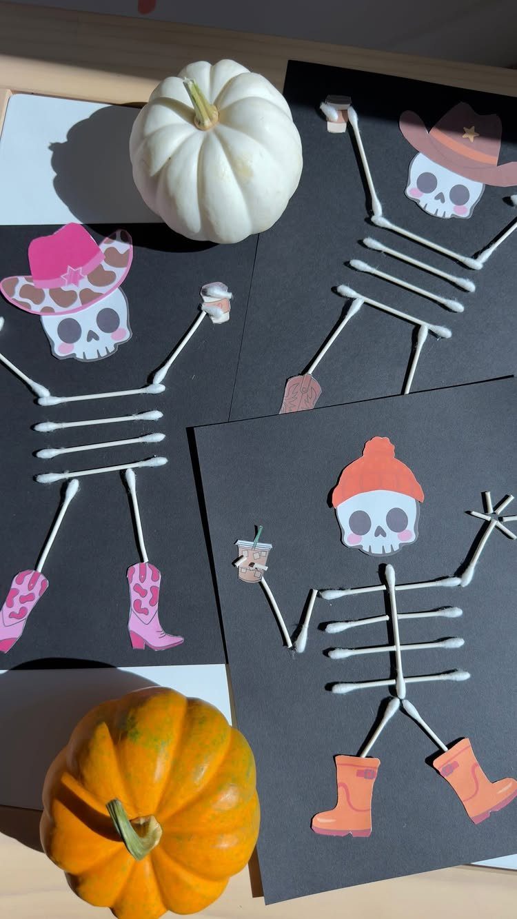 Skeleton crafts made with cotton swabs and paper on black backgrounds with pumpkins.