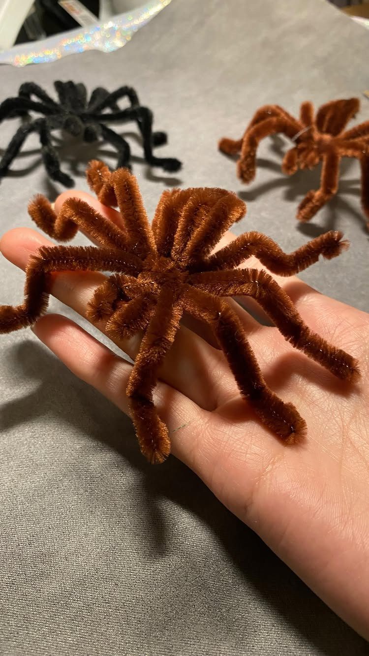 Brown pipe cleaner spider resting on a person's hand with other spiders nearby.