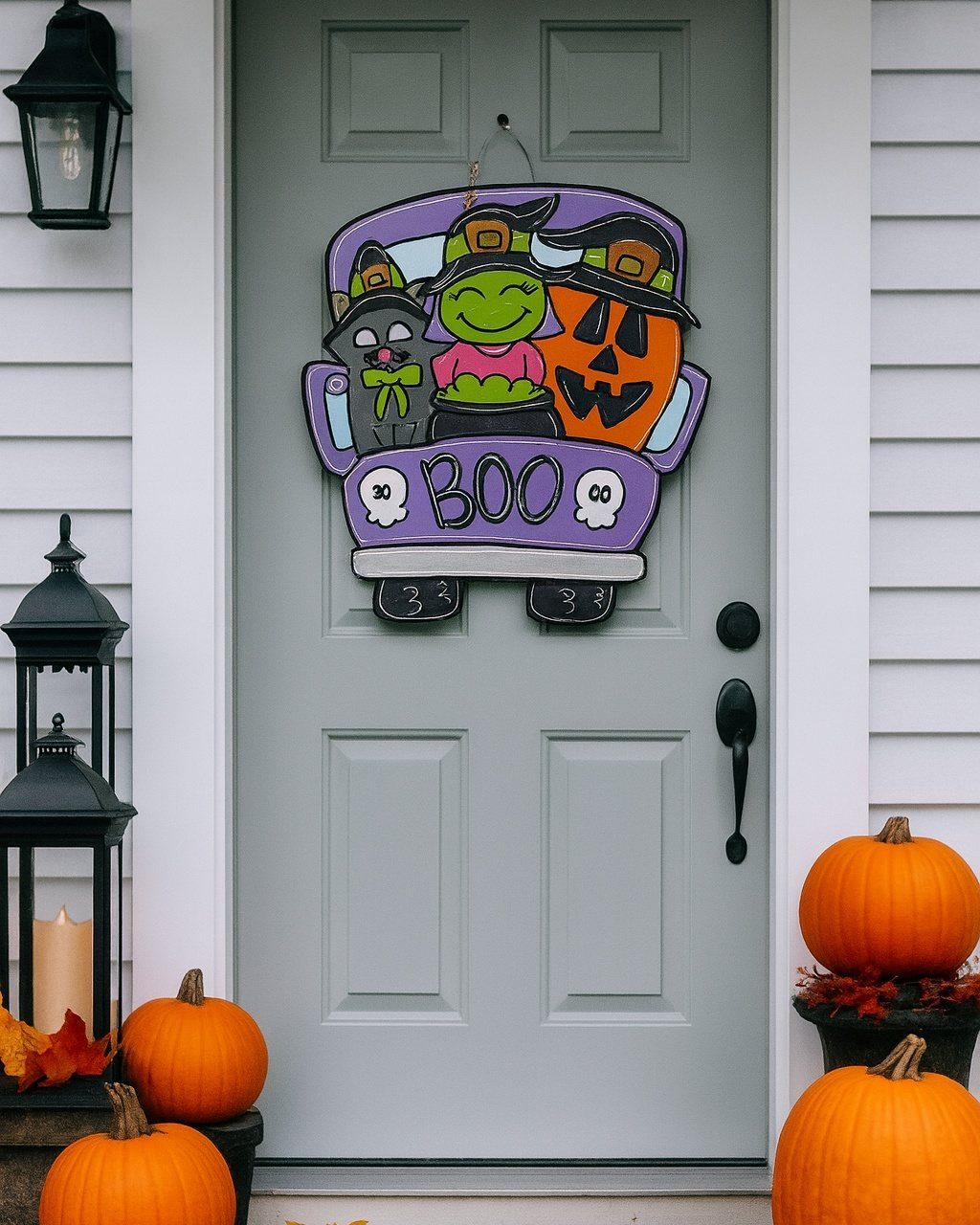 Grey front door with a Boo Crew sign and orange pumpkins on the porch