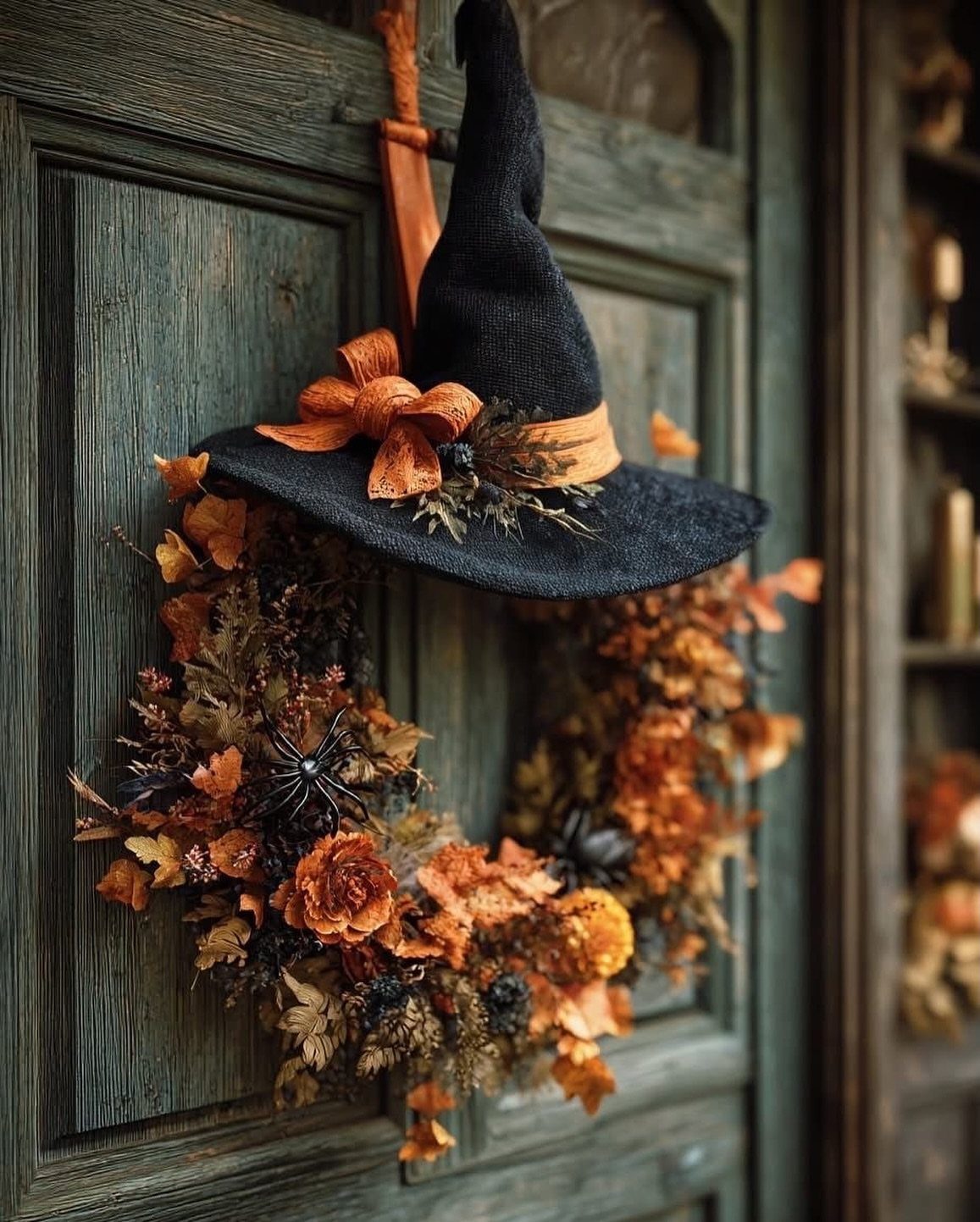 Witch's hat and autumn floral wreath hanging on a rustic teal wooden door
