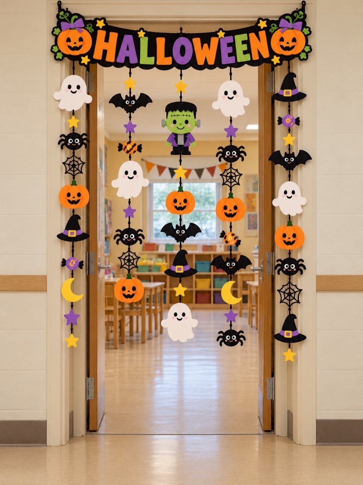 Classroom doorway decorated with Halloween banners and hanging ghost and pumpkin garlands.
