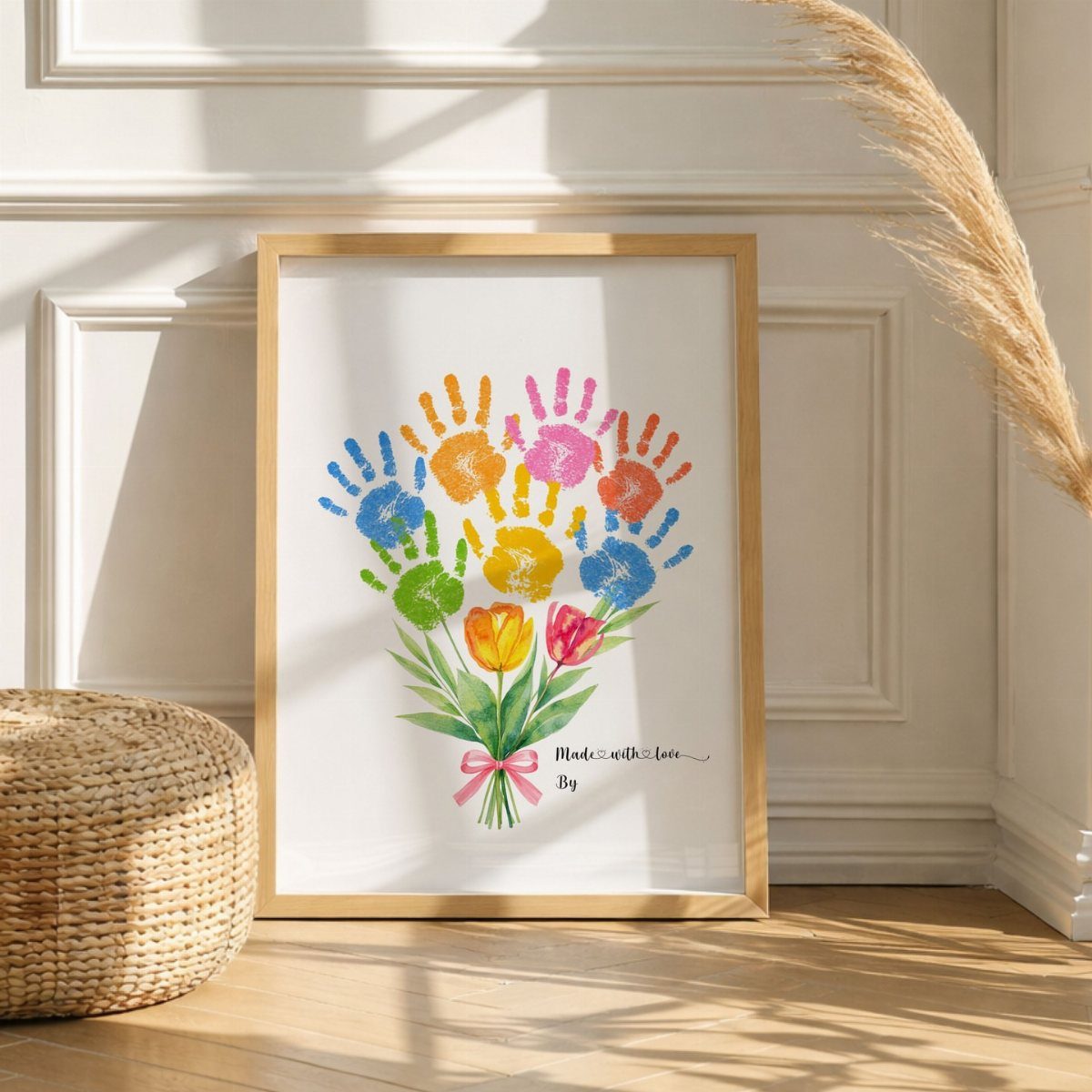 Framed artwork of colorful handprints arranged as a flower bouquet with a pink bow.