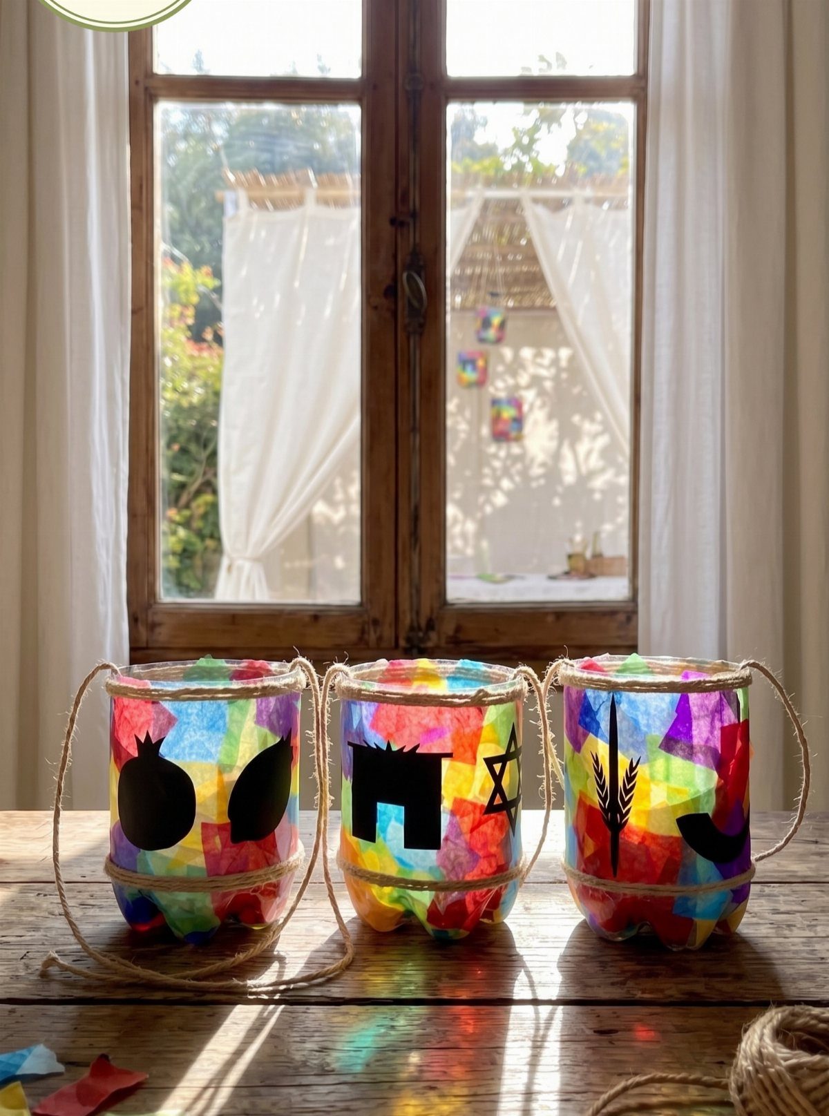 Colorful recycled plastic bottle lanterns with Hanukkah symbols on a wooden table.
