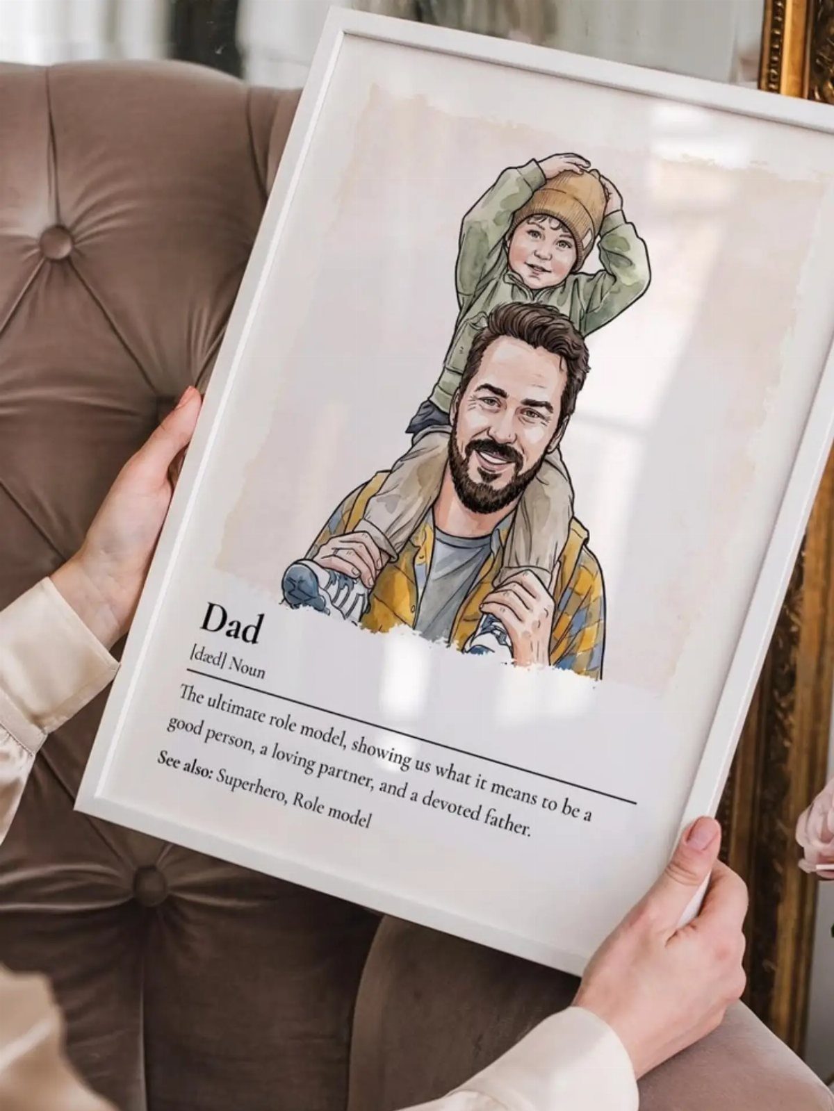 Framed illustration of a father and child with a dictionary definition of Dad.