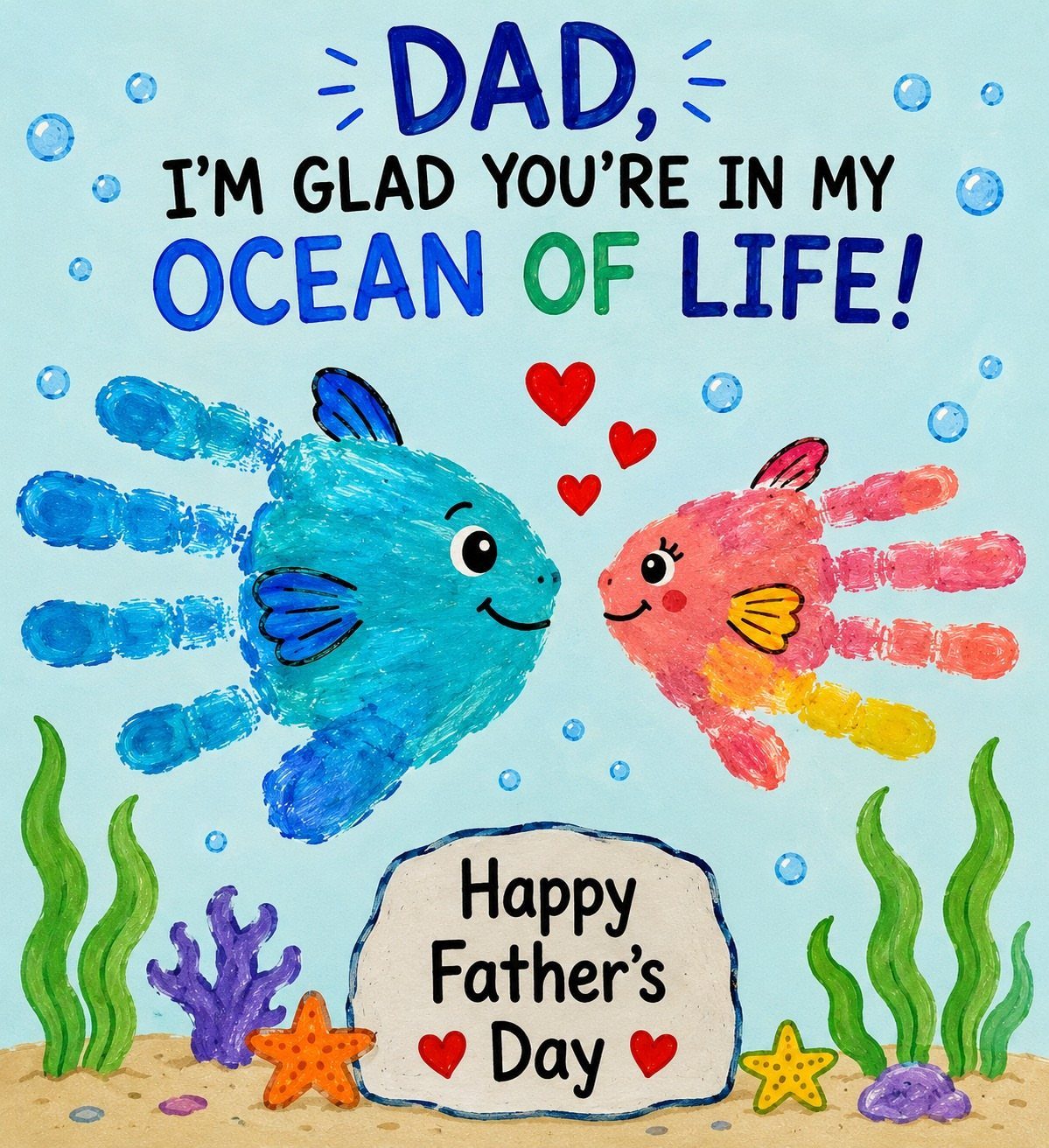 Handprint fish card for Father's Day with blue and pink painted handprints.