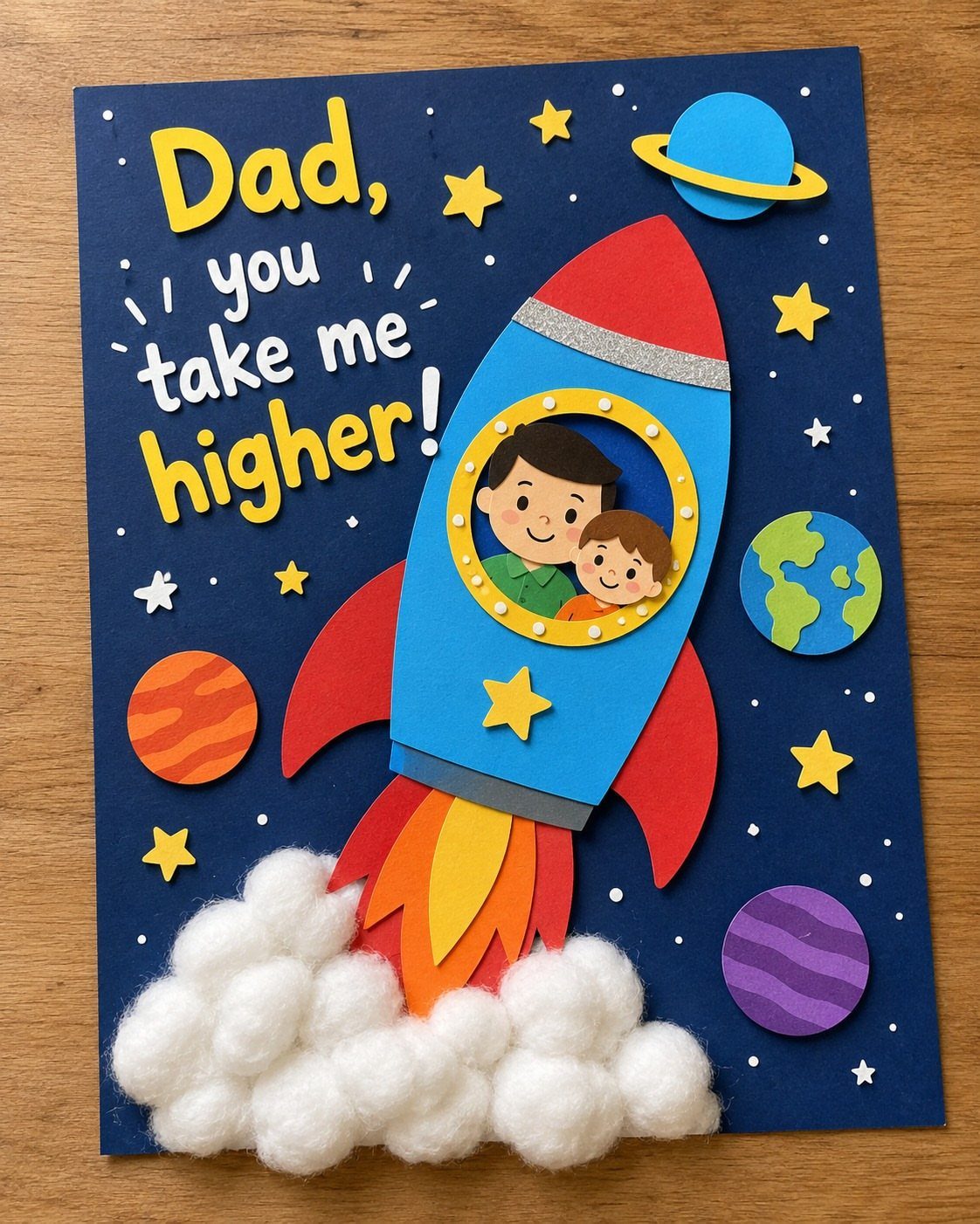 Handmade Father's Day card featuring a paper rocket in space with cotton clouds.