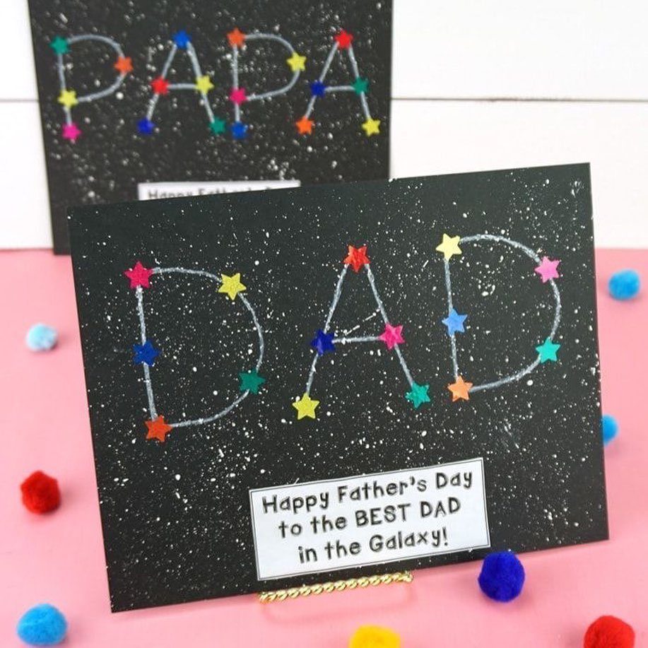 Handmade Father's Day cards with colorful star constellations spelling PAPA and DAD.