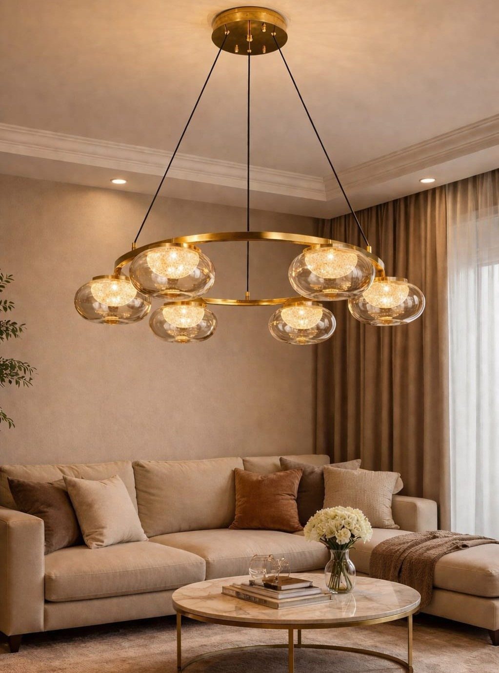 Gold circular chandelier with glass globes hanging over a beige living room sofa