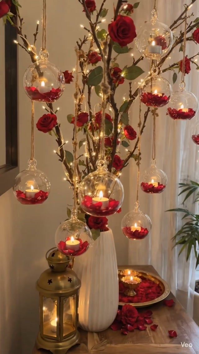 Decorative branches with red roses, hanging glass candle globes, and warm fairy lights.