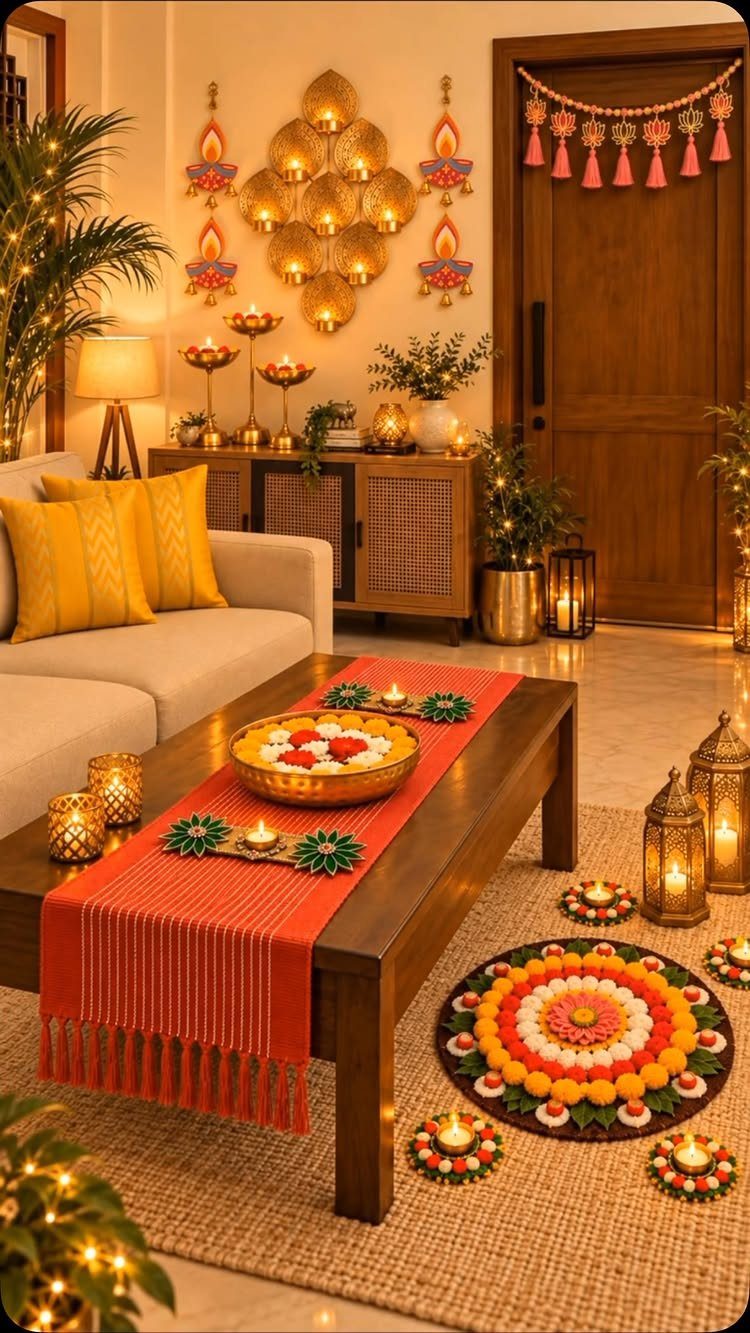 Gold urli bowl with floating flowers on a decorated Diwali living room table.