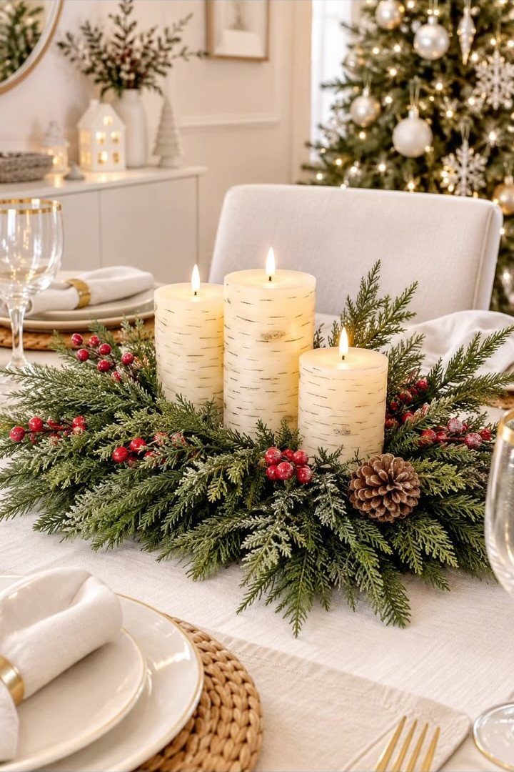 Birch-patterned pillar candles surrounded by evergreen branches and red berries on a table.