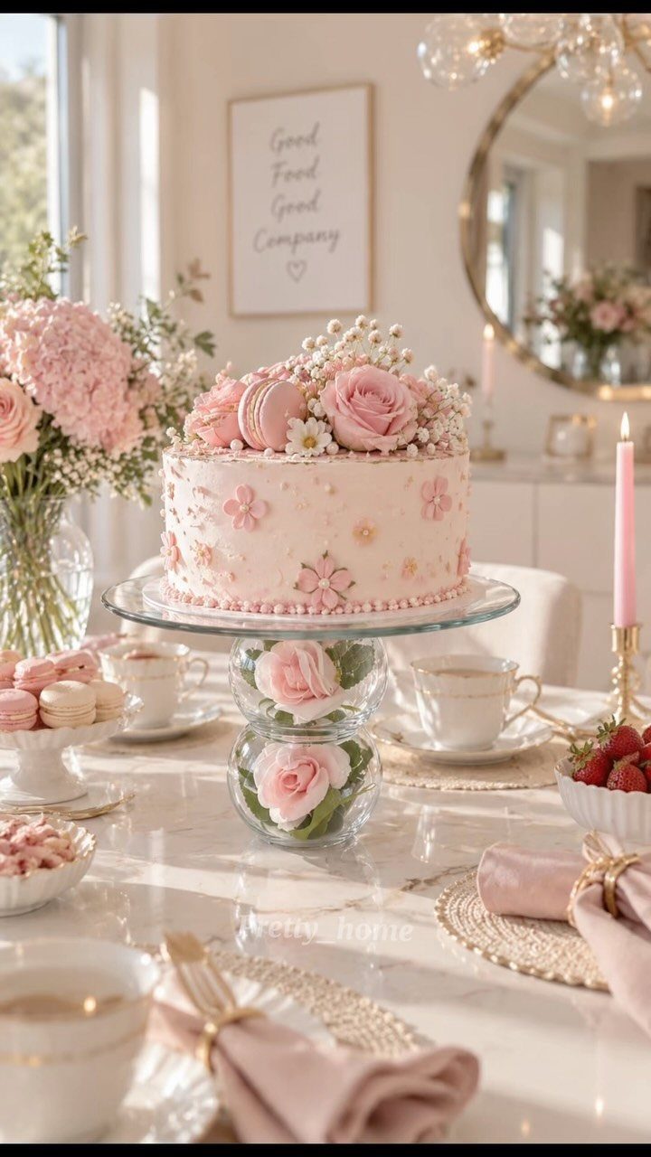 Pink frosted cake with roses on a glass cake stand on a set table