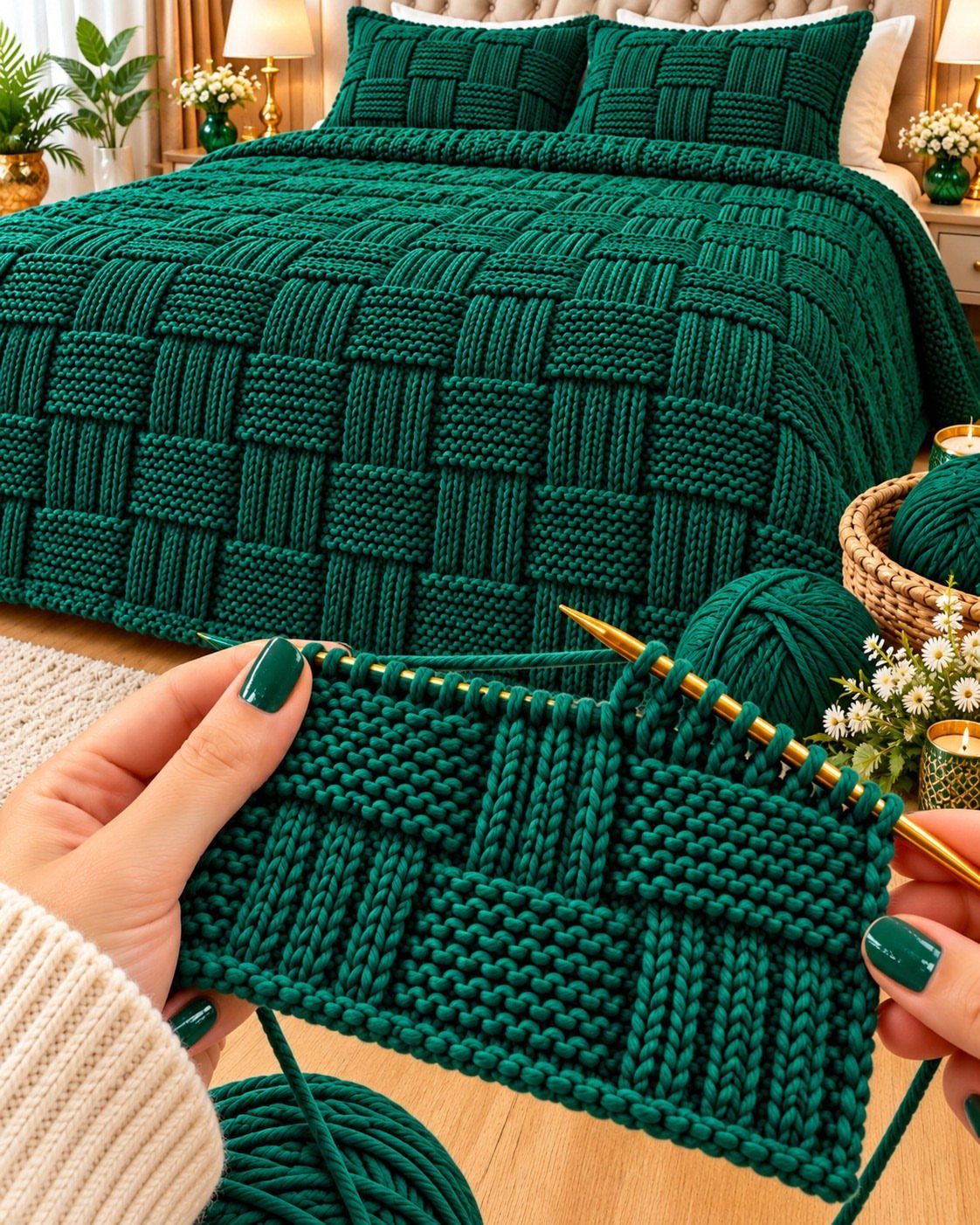 Hands knitting a dark green chunky knit blanket on a cozy bed