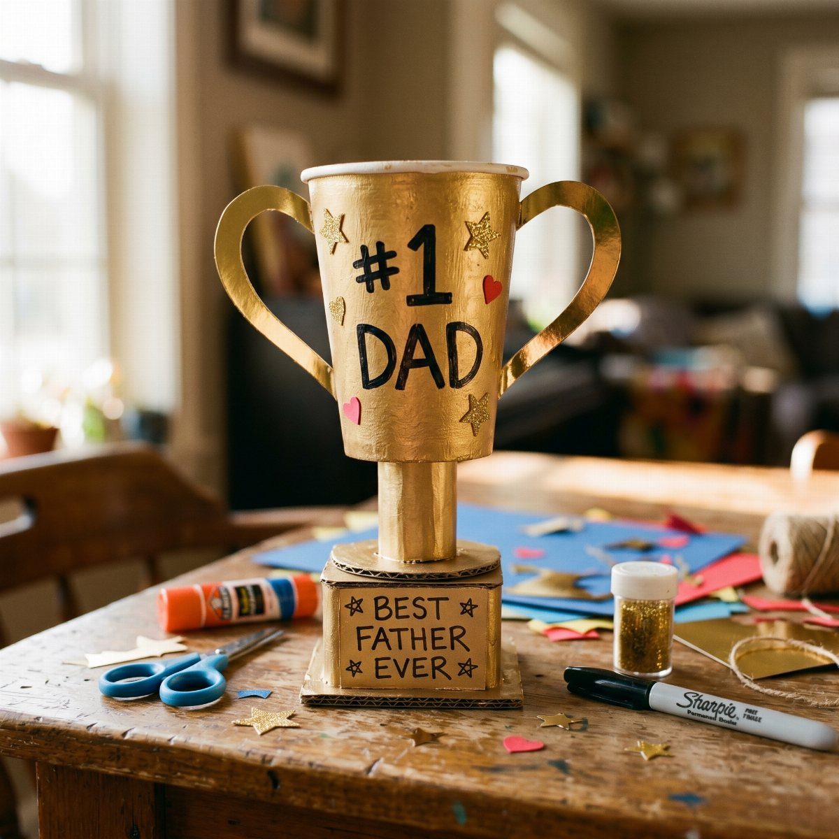 Gold homemade trophy for dad on a wooden table with craft supplies.