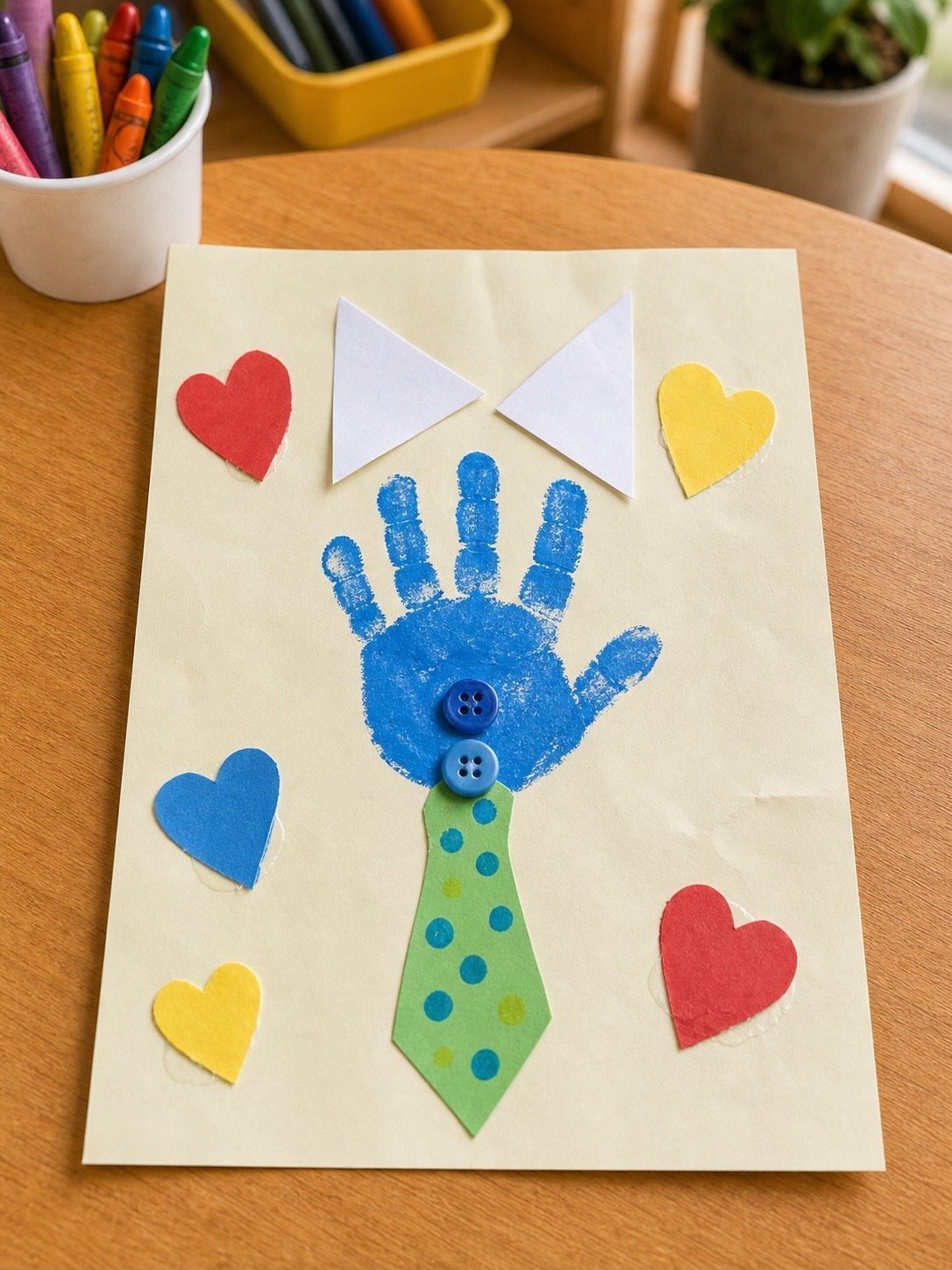 Handmade card with a blue handprint, green polka-dot tie, and colorful paper hearts.