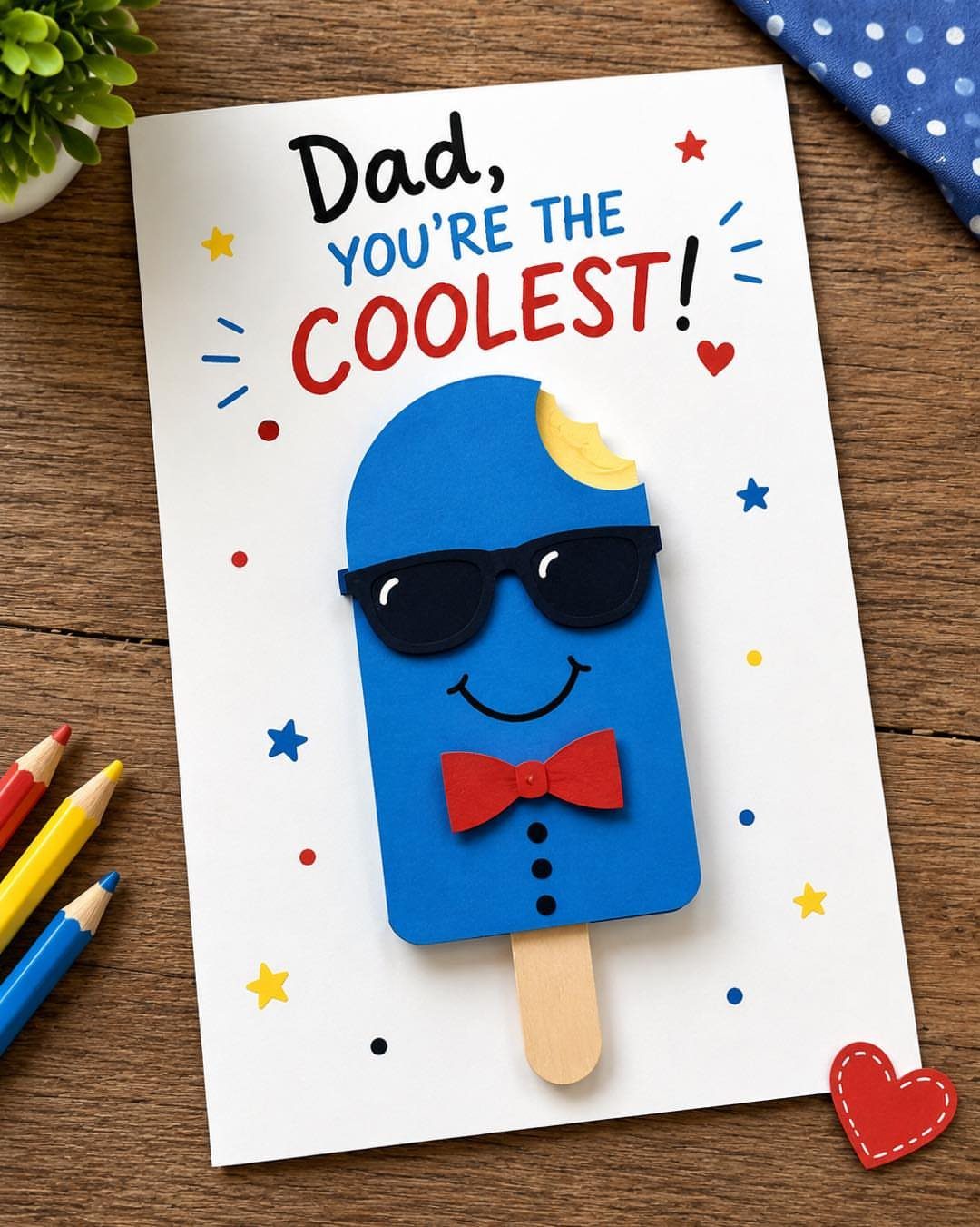 Handmade Father's Day card featuring a blue popsicle character wearing sunglasses and bowtie.