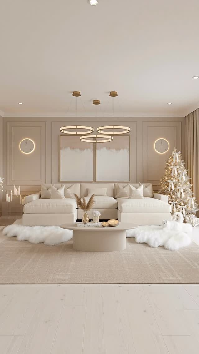 Modern beige living room with a white Christmas tree and fluffy white rugs.