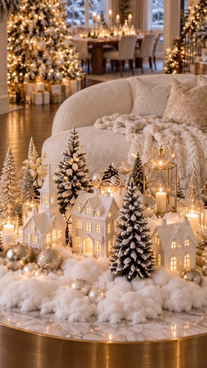 Miniature snowy Christmas village on a table in a decorated luxury living room