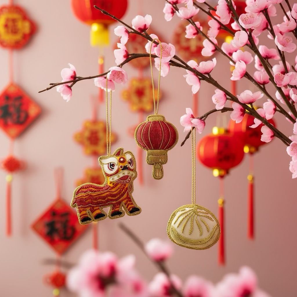Handcrafted Lunar New Year ornaments hanging from a branch with pink blossoms