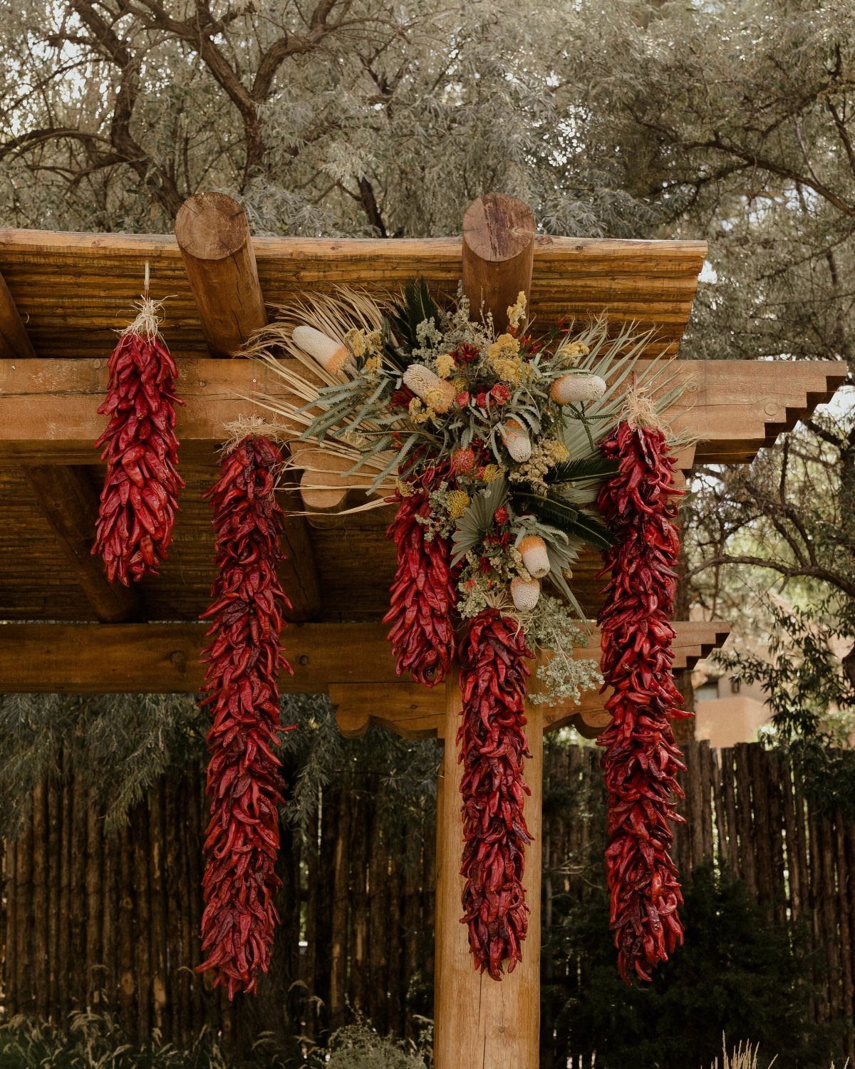 Dried red chili pepper bunches hanging from a rustic wooden outdoor pergola structure.