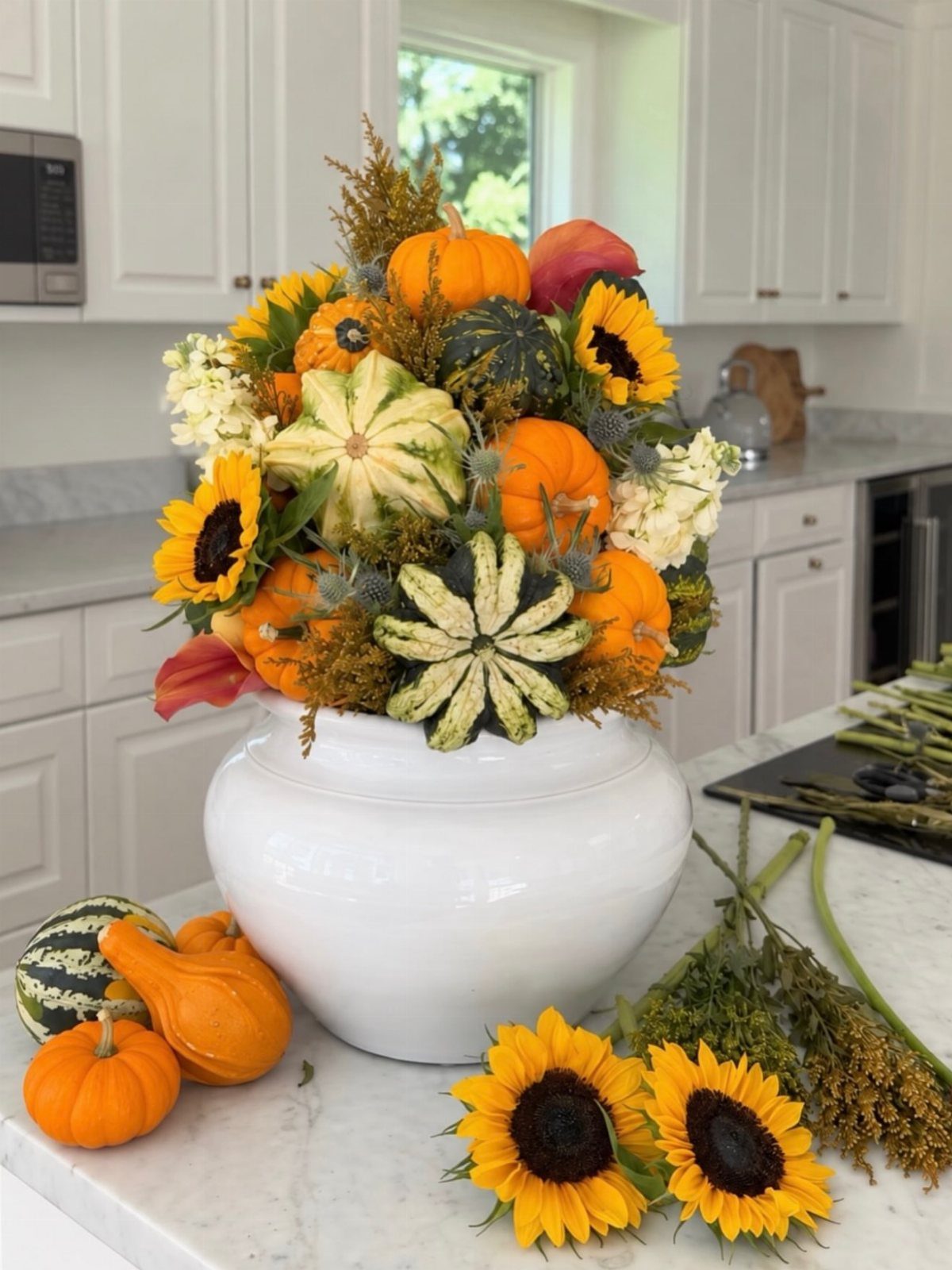 White ceramic pot filled with pumpkins, sunflowers, and autumn foliage on marble counter.