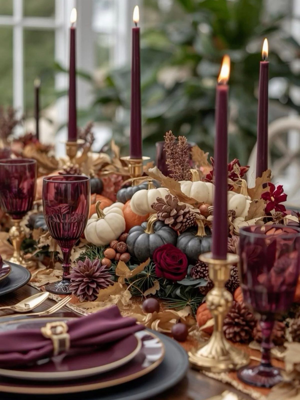 Gold candle holders with purple candles and gold flatware on a festive table.