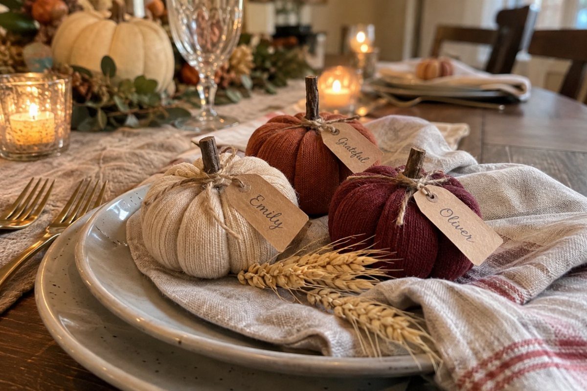 Fabric pumpkins with handwritten name tags on a decorated Thanksgiving dinner table setting.