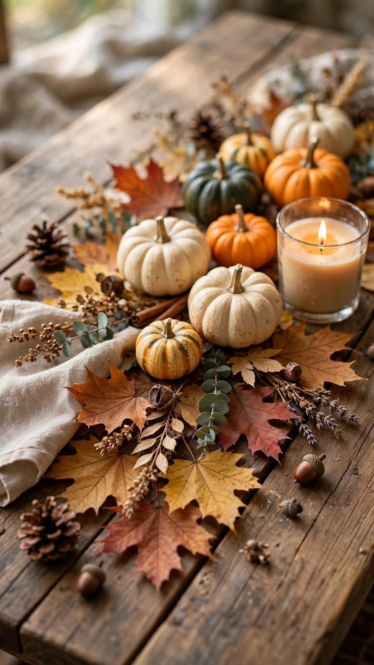 Pumpkins and autumn leaves arranged as a centerpiece on a rustic wooden table.