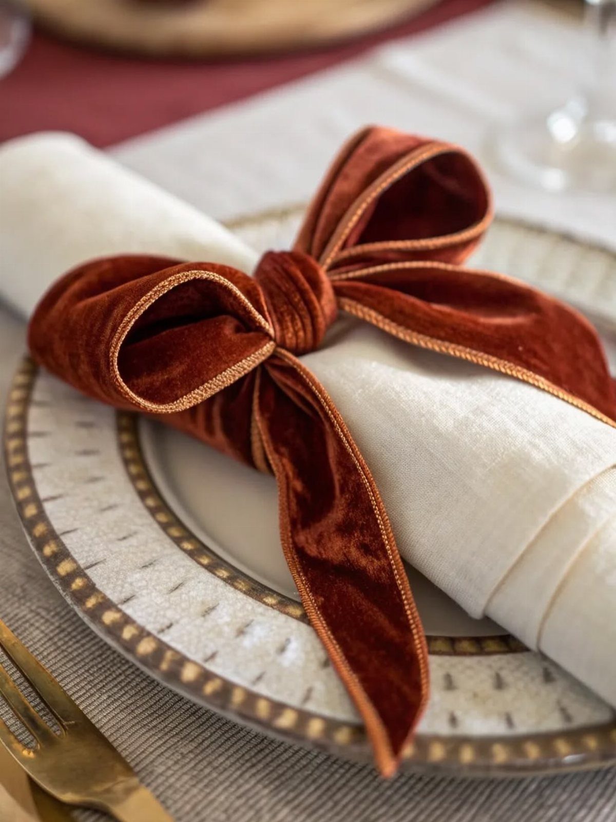 White linen napkin tied with a rust velvet bow on a gold-rimmed plate.