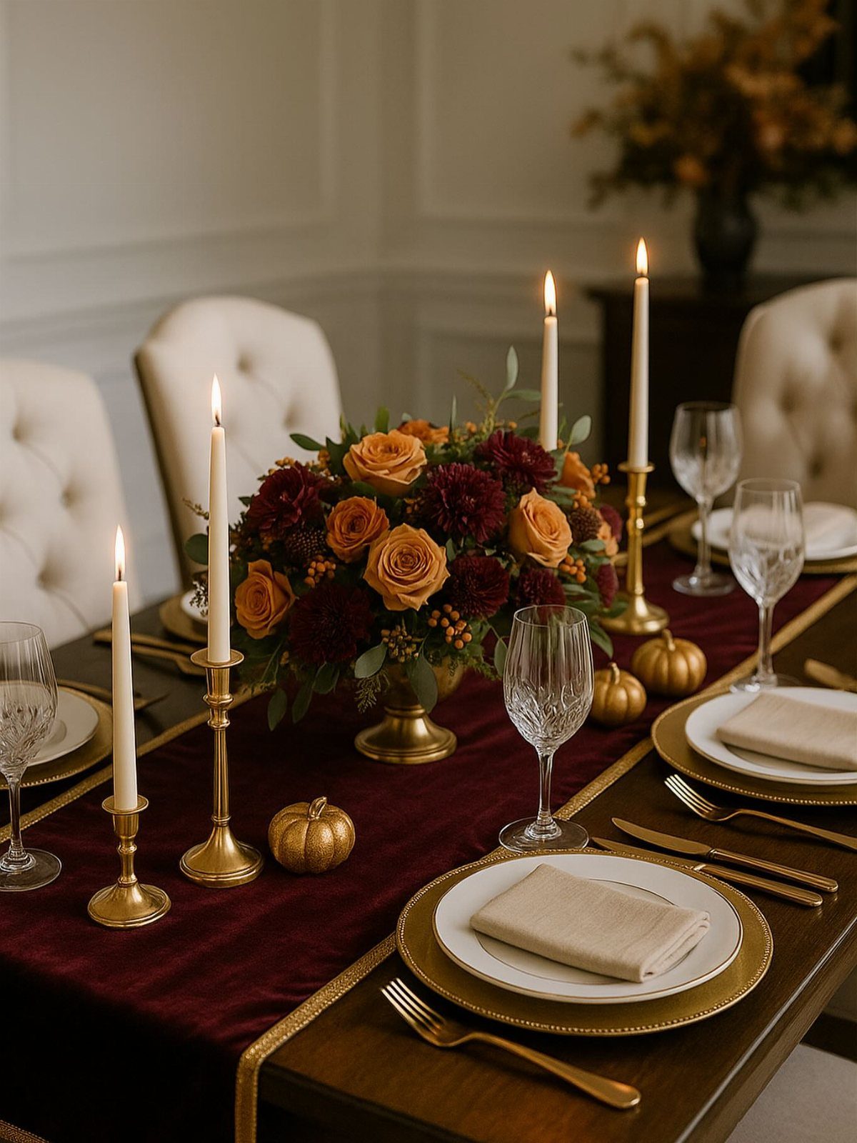 Burgundy velvet table runner with gold place settings, lit candles, and autumn floral centerpiece.