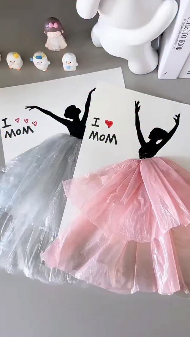 Handmade Mother's Day cards featuring silhouettes with ruffled tissue paper tutus in pink and white.