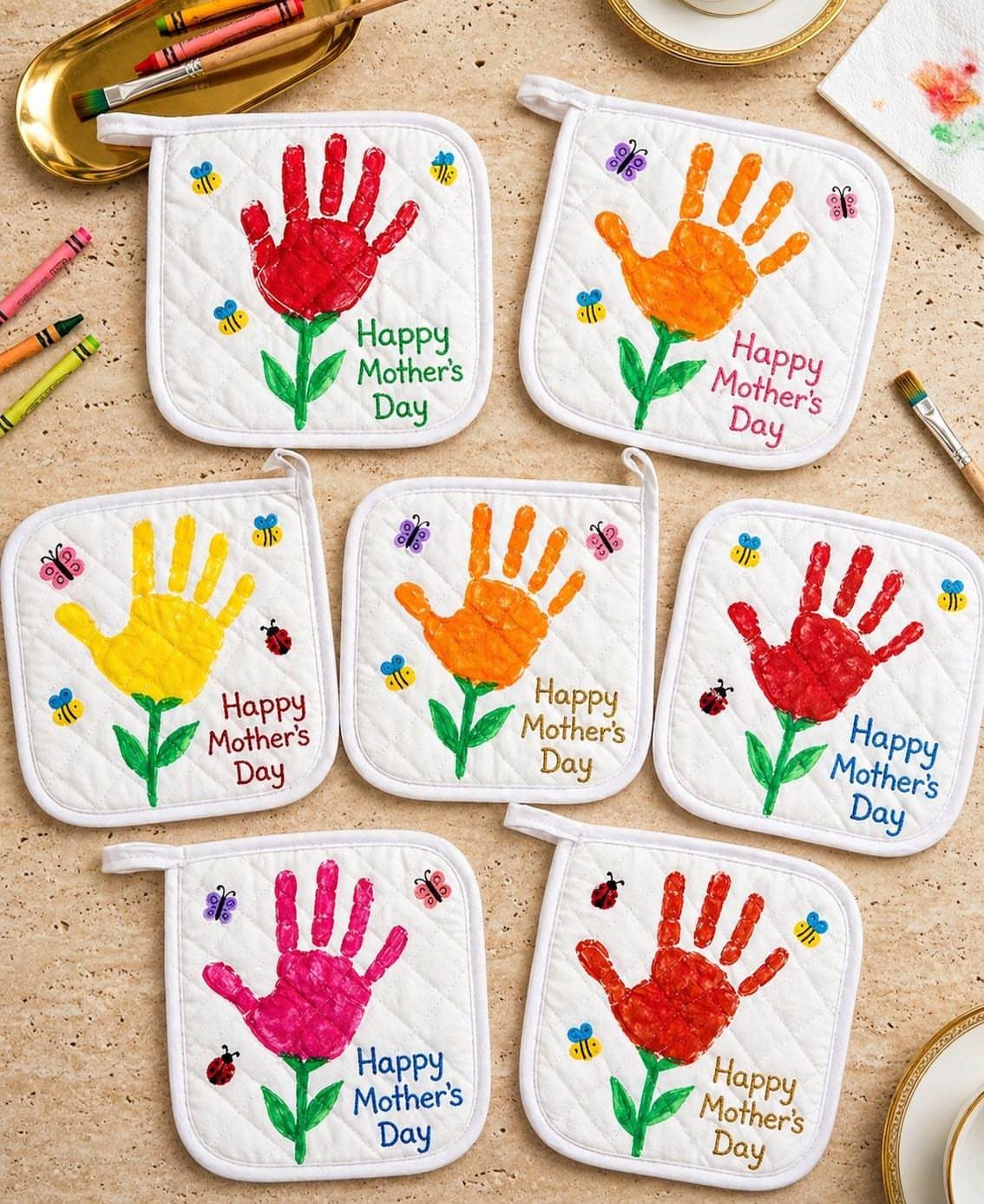 White quilted oven mitts decorated with colorful handprint flowers and Happy Mother's Day text.