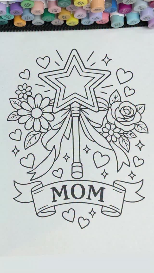 Line drawing of a magic wand and flowers with a MOM ribbon banner.