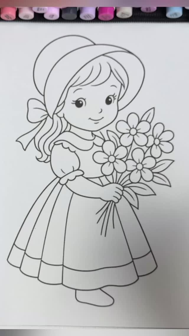 Line drawing of a girl holding flowers on a coloring sheet with markers.