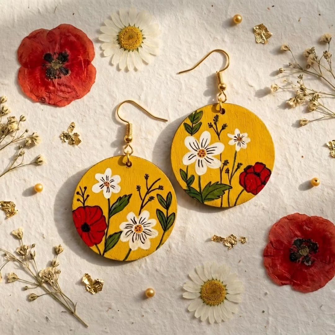 Yellow circular earrings with painted flowers surrounded by dried petals and gold beads.