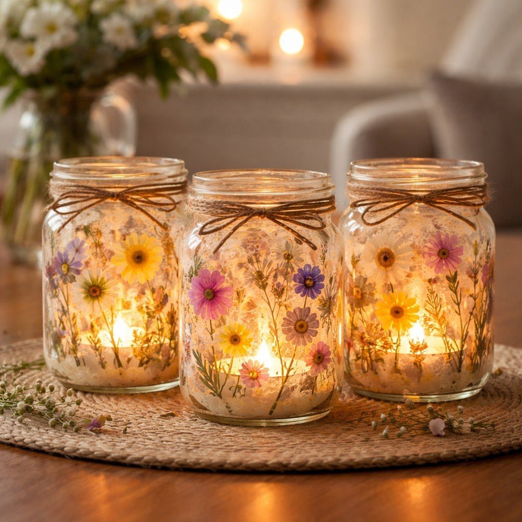 Three mason jar votives with pressed wildflowers and lit candles on a straw mat.