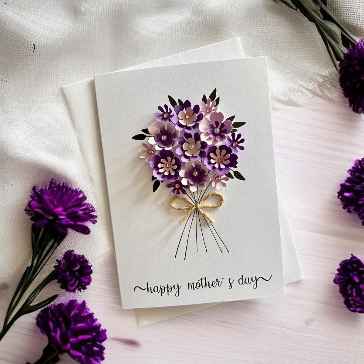 White Mother's Day card with 3D purple paper flowers and a gold bow.